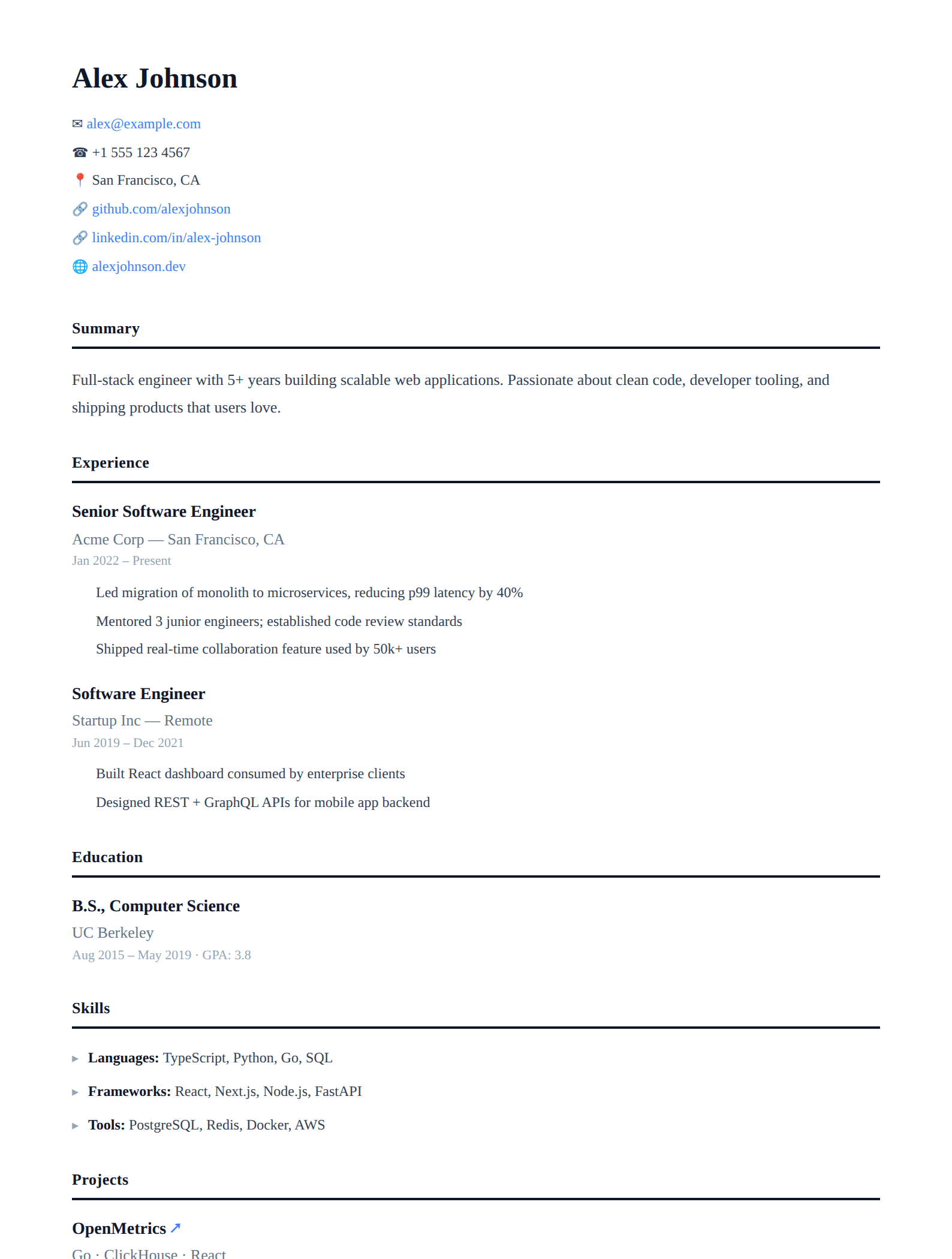 Minimal resume template preview