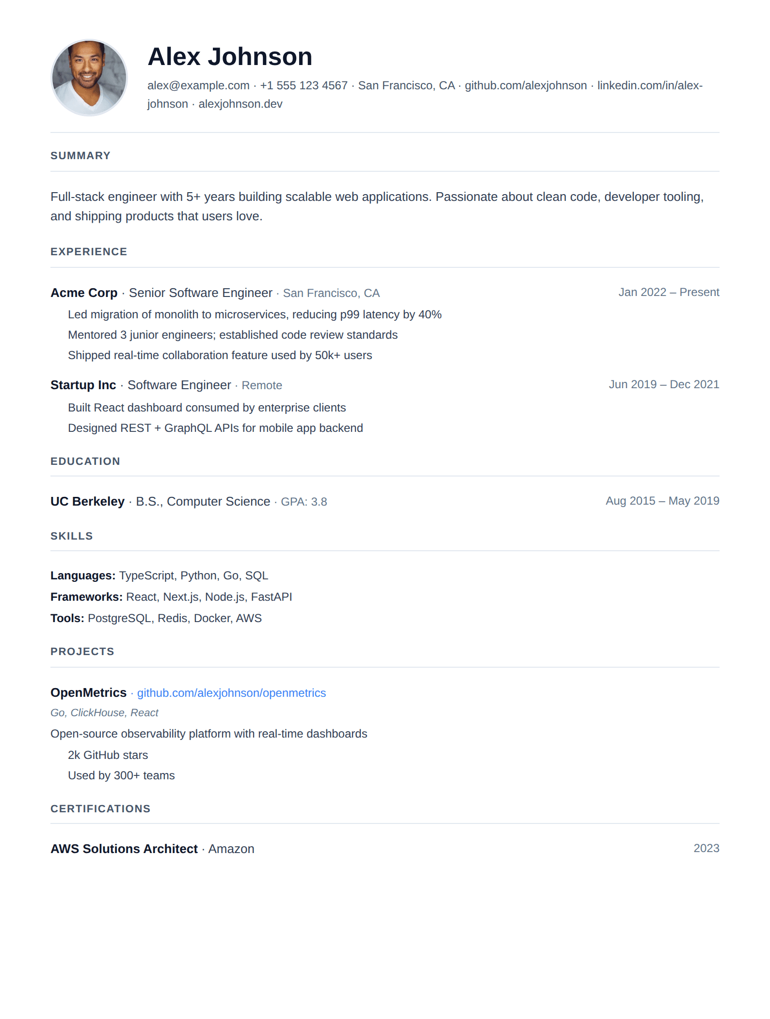 Photo Header resume template preview