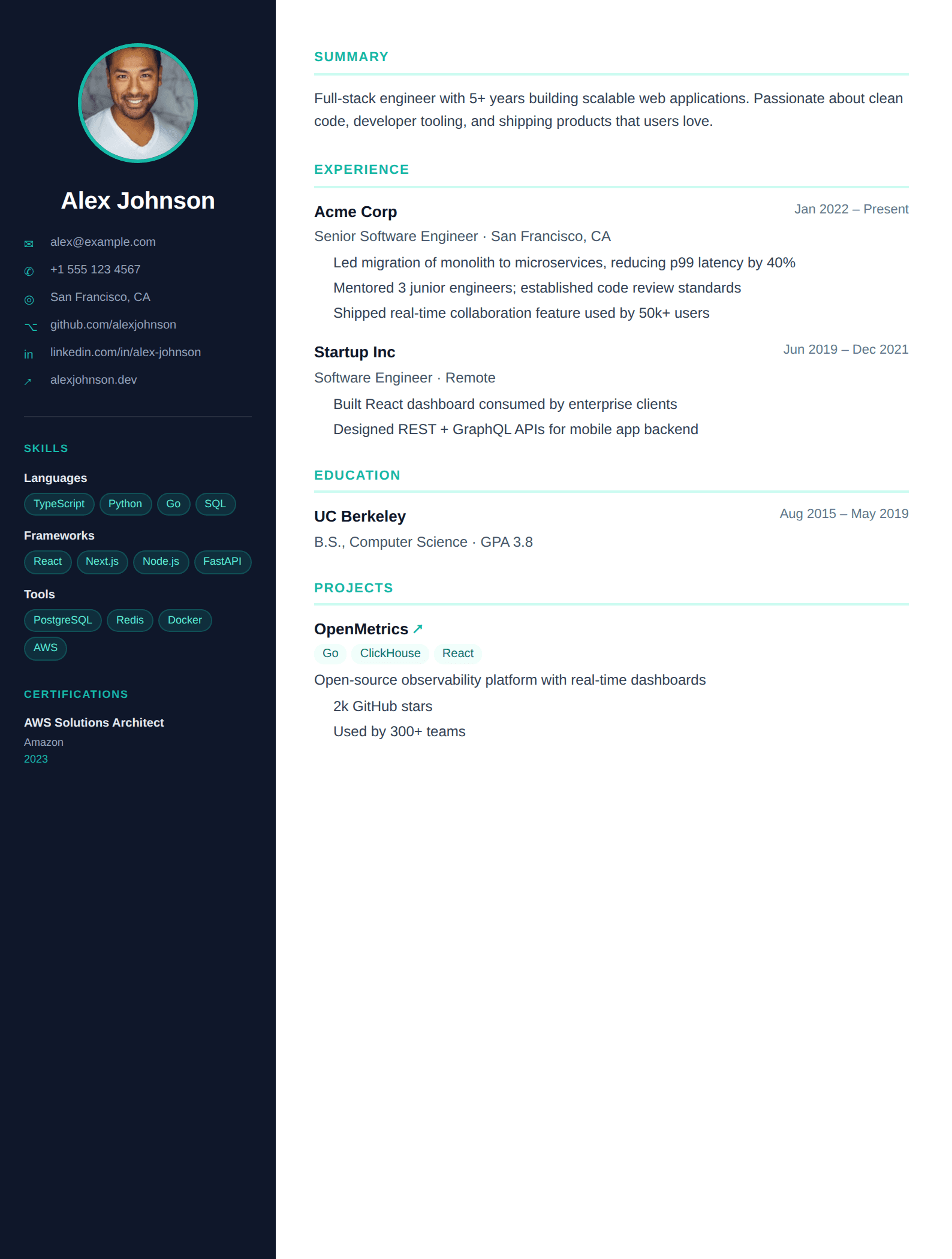 Photo Sidebar resume template preview