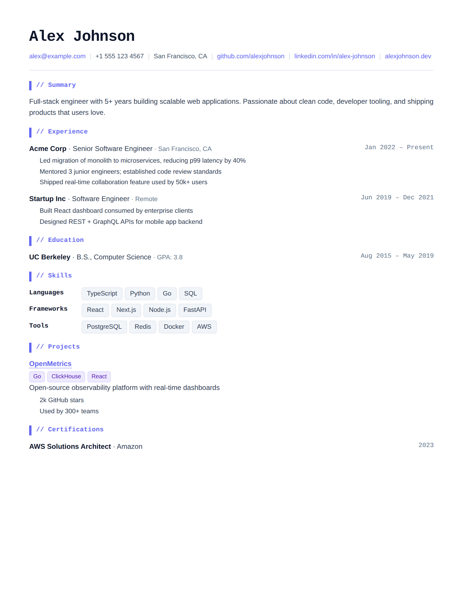 Technical resume template preview